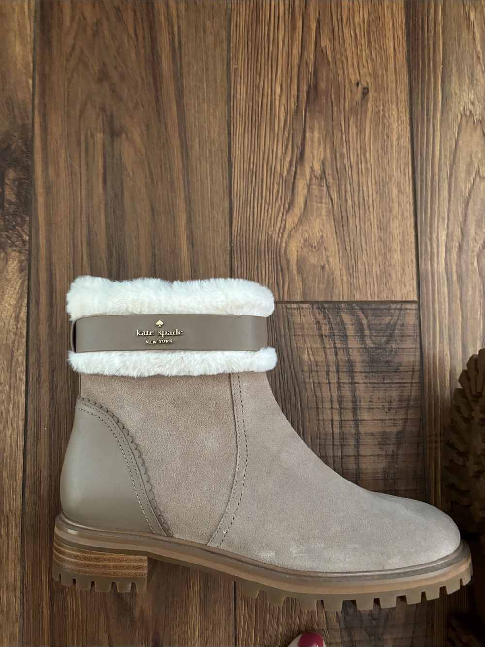 kate spade new without tags taupe and white faux-shearling ankle boots